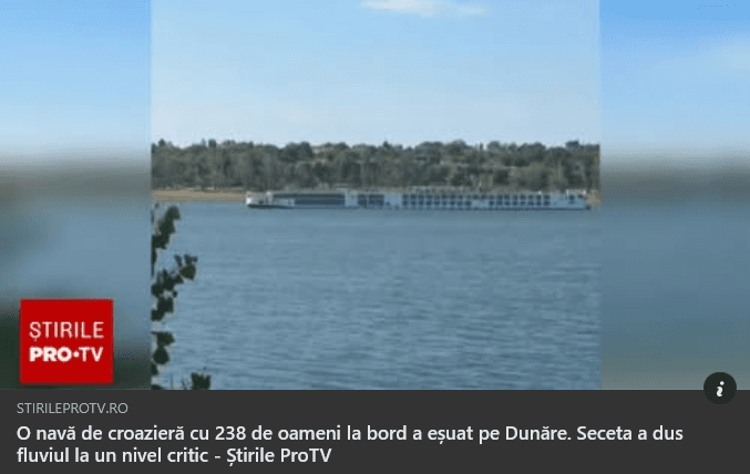 O navă de croazieră cu 238 de oameni la bord a eșuat pe Dunăre. Seceta a dus fluviul la un nivel critic.